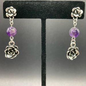 Handmade Succulent Flowers & Amethyst Beads Hypoallergenic Post Earrings 1.5”